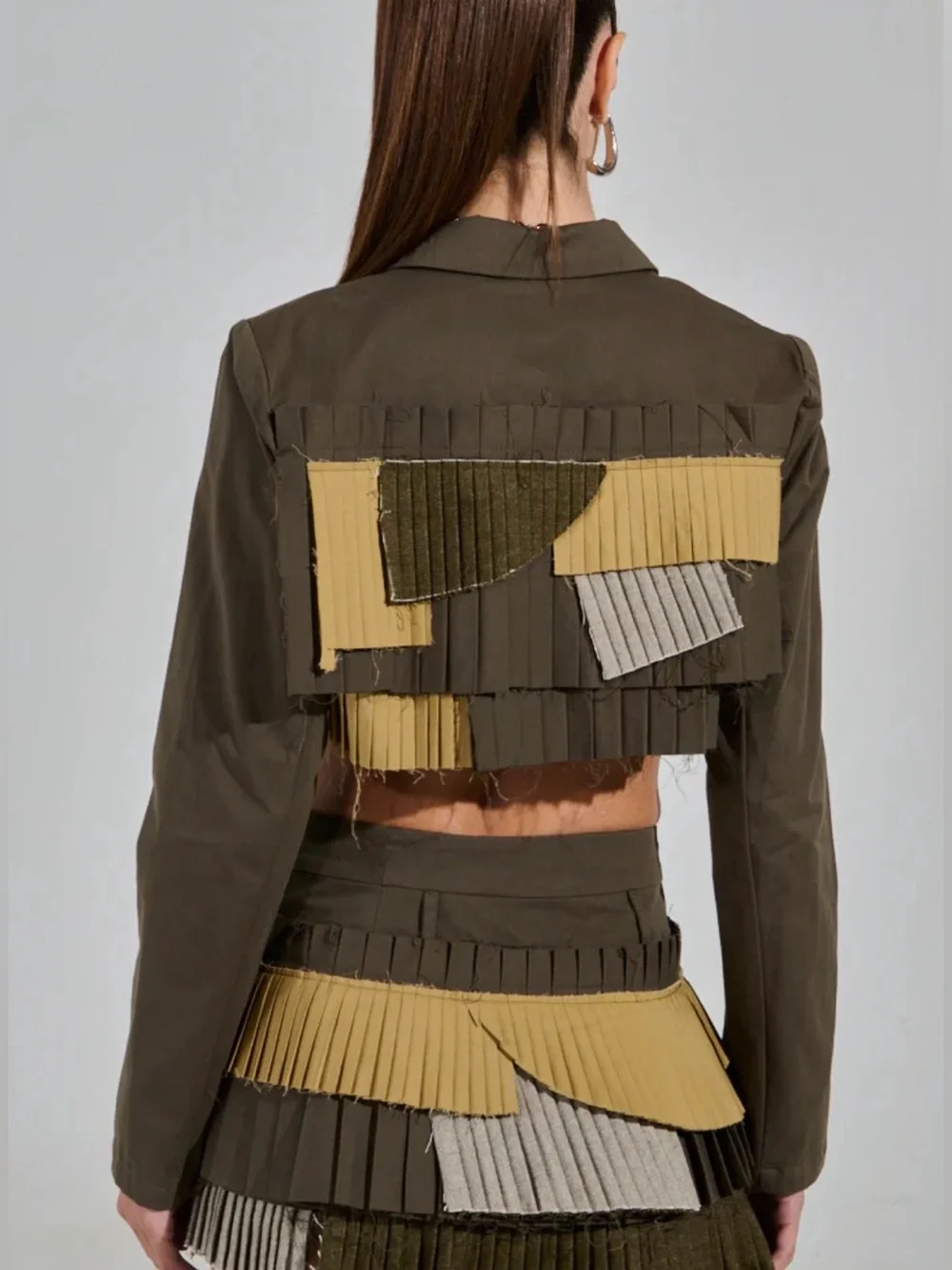 AKIRA Let Me Down Slowly Olive & Khaki Cropped Fringe Pleated Blazer - Picture 8 of 9